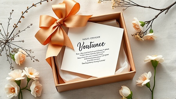 An elegant gift box adorned with a ribbon, containing a beautifully crafted poem printed on high-quality paper, surrounded by delicate floral arrangements and decorative elements, evoking a sense of thoughtfulness and sophistication in gifting.