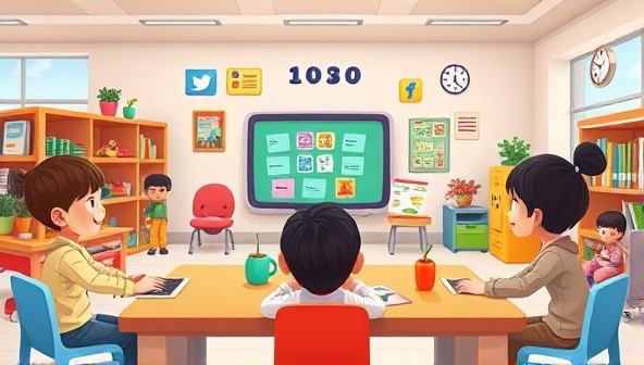 An artistic depiction of a colorful online classroom environment with animated characters guiding children through interactive learning activities, sparking curiosity and creativity.