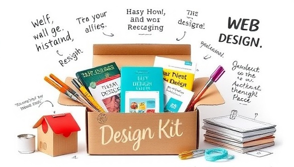 A beautifully designed subscription box filled with colorful design tools, books, and resources related to web design, surrounded by artistic sketches and inspirational quotes, creating a visually appealing and inspiring image of the design kit contents.