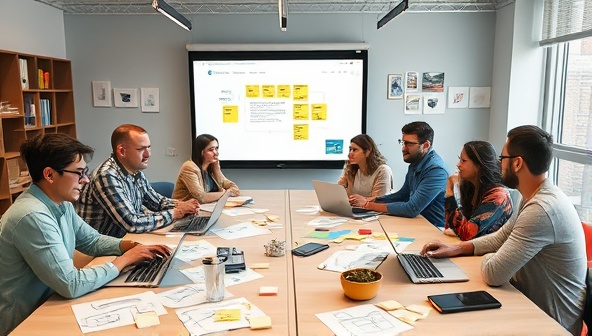 An online workshop setting with a diverse group of participants engaging in a hands-on web design activity, with laptops, design sketches, and post-it notes scattered around, fostering a collaborative and creative atmosphere.