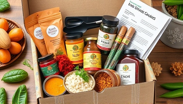 An assortment of vibrant global spices and condiments neatly arranged in a colorful subscription box, accompanied by recipe cards and cooking utensils, inspiring culinary adventures and flavorful discoveries at home with FlavorQuest Box.