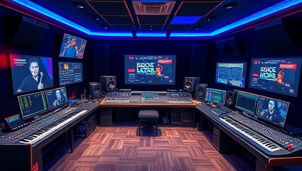 An immersive digital studio environment with virtual instruments, mixing consoles, and collaborative music projects in progress, showcasing a dynamic and creative space for musicians and producers to connect, create, and collaborate in a virtual music production studio.