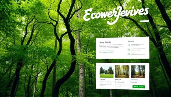 An artistic representation of a lush green forest intertwined with digital elements and a website design layout, symbolizing the harmony between nature and sustainable web design offered by EcoWebRevive's platform.