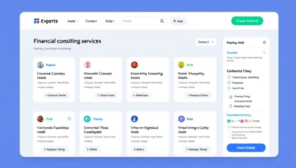 An interactive platform interface displaying a variety of financial consulting services offered by experts, with a seamless booking system and real-time chat features for instant communication, fostering a dynamic marketplace for financial advice.