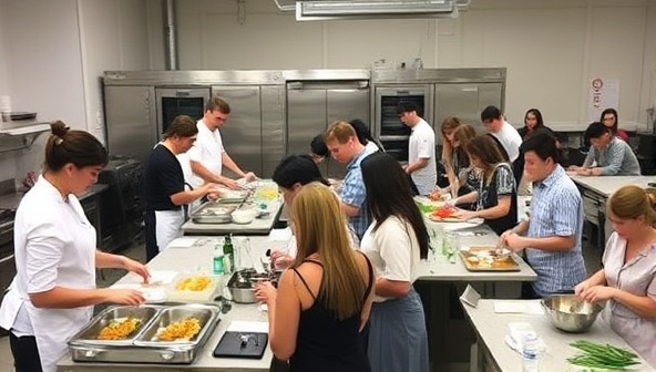 An inviting kitchen studio setup with multiple cooking stations, chef instructors guiding participants through hands-on culinary techniques, and a diverse group of attendees actively learning and enjoying the workshop experience, conveying the interactive and educational nature of the culinary workshops.