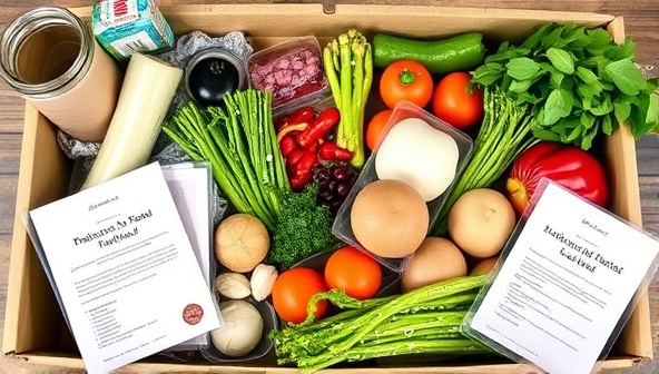 An array of colorful and neatly arranged meal kit ingredients in eco-friendly packaging, alongside a recipe card and a personalized note, creating an enticing and convenient cooking experience.