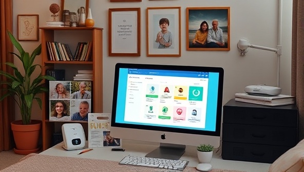 A compassionate virtual care coordination setting with a computer displaying a care management dashboard, surrounded by comforting senior care resources, family photos, and medical alert devices, creating a warm and supportive online elderly care environment.