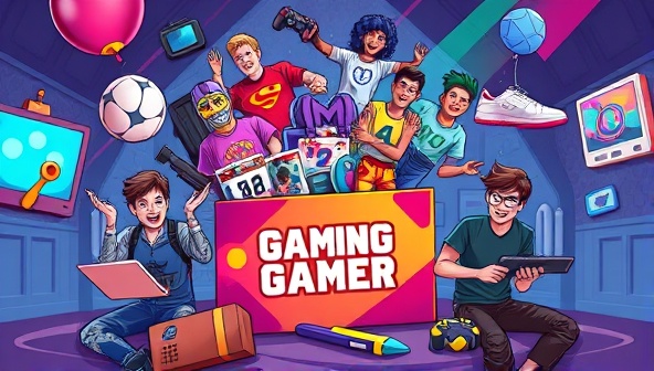 An artistic illustration of a vibrant and exciting gaming-themed subscription box bursting with colorful gaming merchandise, collectibles, and accessories, surrounded by joyful gamers unboxing and discovering the contents, evoking a sense of surprise and delight.