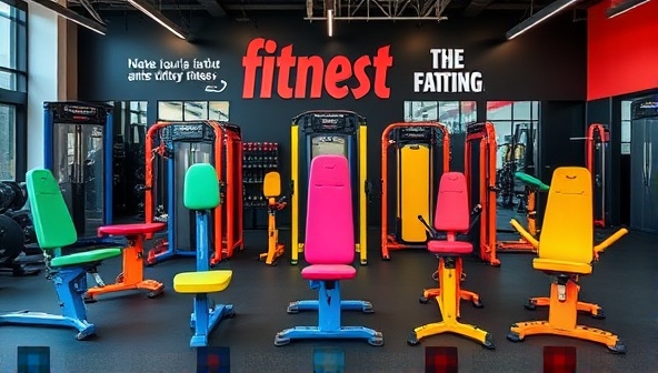 An array of vibrant and customized fitness equipment pieces displayed in a modern gym setting, showcasing the diverse options and personalization features available to customers, with motivational fitness quotes in the background.