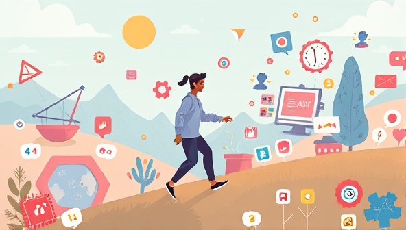 An inspirational illustration of a mentor guiding a protege through a digital landscape filled with design tools and creativity, symbolizing the supportive and collaborative environment of Design Pathways.