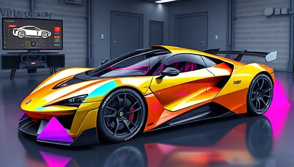 A sleek, futuristic car design displayed in a virtual reality environment, with vibrant colors, advanced modifications, and a detailed interior, showcasing the endless customization possibilities of the Virtual Car Customization Studio.