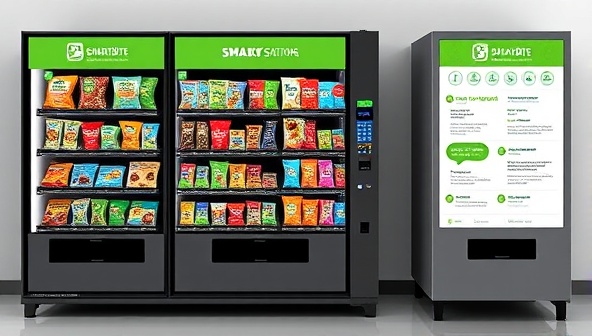 A modern and sleek vending machine design with a variety of colorful and nutritious snack options displayed behind glass panels, accompanied by a digital screen showcasing nutritional information and customer reviews, highlighting the convenience and health benefits of SmartBite Stations.