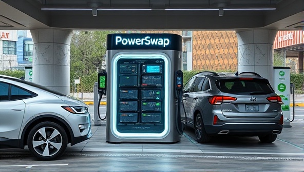 An urban PowerSwap Center facility with a sleek, automated battery swapping machine in action, exchanging batteries between electric vehicles, surrounded by a clean and modern charging station design, symbolizing efficiency and sustainability in urban mobility.