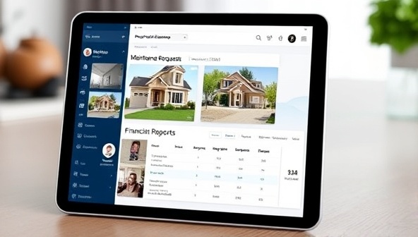 A sleek and intuitive property management platform interface displayed on a tablet, showing virtual property tours, maintenance request tracking, and financial reports in a user-friendly design, symbolizing efficiency and convenience in remote property management.
