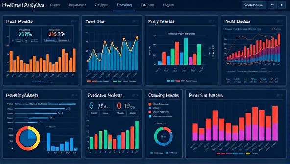 A visually engaging data dashboard displaying real-time health data trends, predictive analytics models, and performance metrics, with colorful graphs and charts illustrating the power of data-driven insights and strategic decision-making in healthcare at HealthTrend Analytics.
