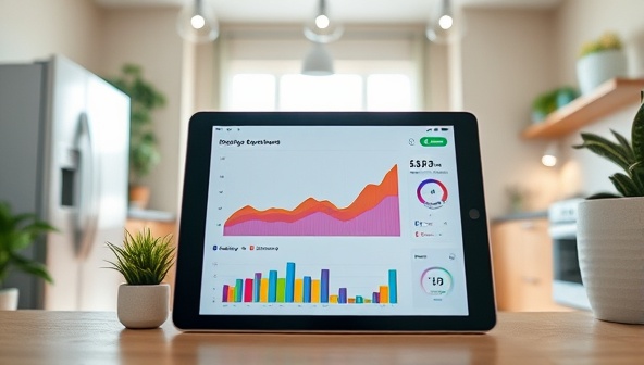 An eco-friendly smart home setup with colorful graphs and charts on a tablet, showcasing real-time energy consumption data and savings, surrounded by energy-efficient appliances and LED lights, creating a modern and sustainable living environment.