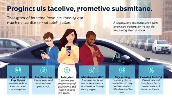 An engaging infographic illustrating the benefits of a proactive car maintenance subscription service, featuring a diverse group of car owners receiving personalized maintenance alerts and exclusive discounts on their smartphones, with a backdrop of a bustling city to symbolize convenience and efficiency.