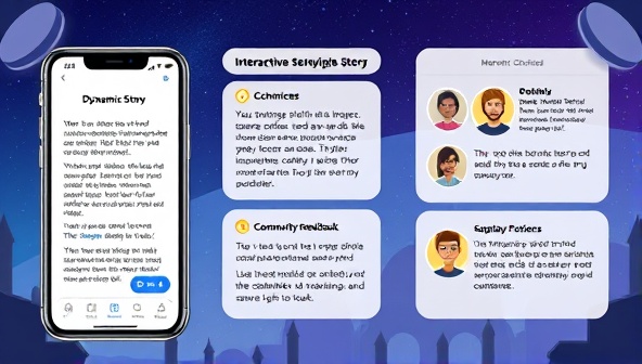 An engaging visual representation of the interactive storytelling app interface, showcasing a dynamic story with multiple choices, illustrations, and community feedback options, creating an immersive and collaborative storytelling experience.