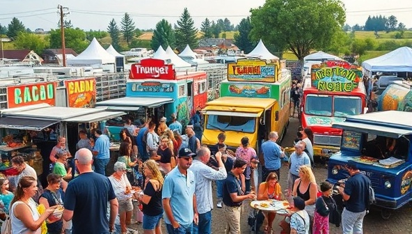 An outdoor food truck gathering with a diverse array of colorful food trucks serving appetizing dishes, surrounded by a bustling crowd of customers enjoying their meals al fresco, creating a lively and festive atmosphere.