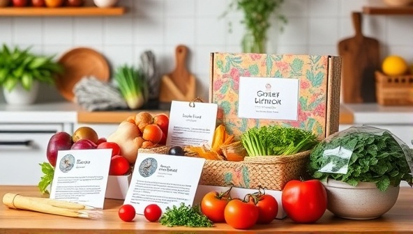 A colorful and inviting kitchen setting with a variety of fresh ingredients, recipe cards, and a beautifully designed recipe box, creating a visual representation of the subscription service's culinary offerings.