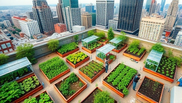 An aerial view image of a vibrant rooftop garden with raised beds, greenhouses, and community members tending to the plants, surrounded by city skyscrapers in the background, illustrating the concept of urban agriculture and community collaboration.