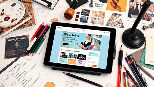 An artist's workspace with a digital drawing tablet displaying a unique website template design, surrounded by color palettes, sketches, and inspirational images, capturing the essence of creativity and customization.