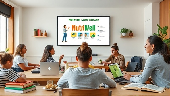 An educational and empowering image of a virtual classroom setting with students engaging in a nutrition lecture, sharing ideas in a breakout session, and receiving personalized feedback from a mentor, surrounded by books, laptops, and healthy snacks, illustrating the collaborative and informative environment of the NutriWell Institute certification program.
