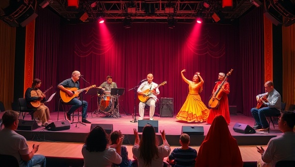 An online stage setup with musicians playing traditional instruments, dancers in vibrant costumes, and a global audience interacting virtually, creating a dynamic and immersive cultural music experience that transcends borders.