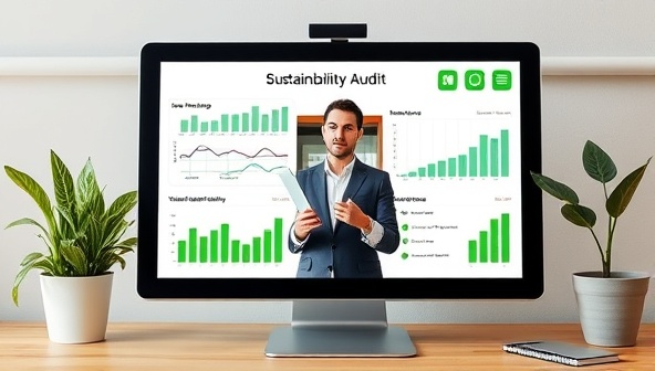 A virtual sustainability audit displayed on a computer screen, featuring a consultant assessing energy usage, waste management practices, and eco-friendly initiatives for a business, with green graphs, eco-icons, and sustainability reports in the background, emphasizing the transformative impact of EcoVisionary's consultancy services.