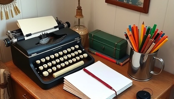 A cozy writing nook with a vintage typewriter, a stack of blank notebooks, and a mug of colorful pens, evoking a sense of creativity and inspiration in a charming setting.
