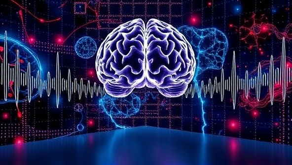 An imaginative visualization of a web design studio immersed in brain wave patterns, neural networks, and neuro-design concepts, symbolizing the cognitive and emotional appeal of MindSculpt WebWorks in crafting websites that resonate with the subconscious mind through neuroscience-inspired design strategies.