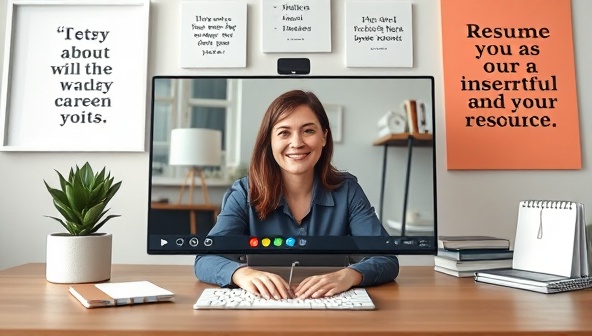 A virtual career coaching session featuring a career coach providing feedback on a client's resume and discussing career goals through a video call, surrounded by motivational quotes and industry-specific resources, fostering a supportive and empowering career development environment.