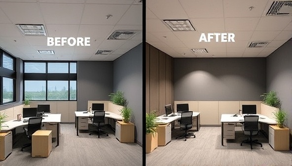 An office space before and after a lighting retrofit, with the 