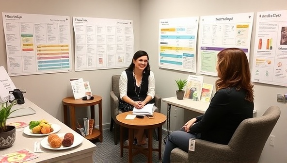 An inviting consultation room with a nutritionist engaged in a discussion with a client, surrounded by colorful charts, healthy food samples, and educational materials, creating a professional and supportive environment for personalized nutrition consultations at NutriCare Consult.
