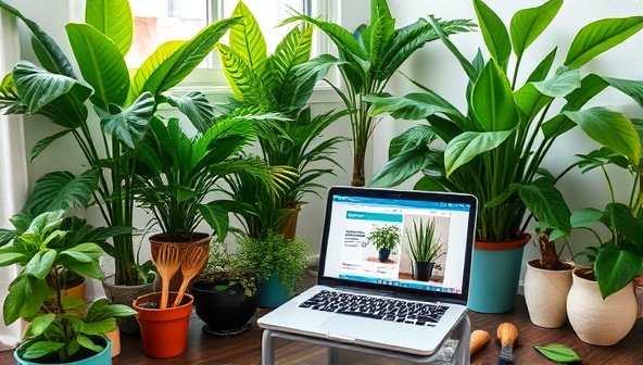 A cozy indoor plant corner with a variety of lush green plants, decorative pots, and gardening tools, accompanied by a laptop displaying a virtual plant care consultation in progress, creating a harmonious and plant-filled environment for consultations.