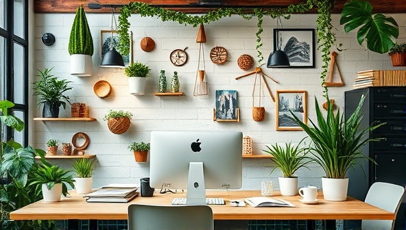 An eco-friendly office setup with recycled decor, indoor plants, and sustainable office supplies, conveying a commitment to environmental responsibility and sustainable business practices.