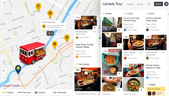 A dynamic virtual tour interface featuring a street map with highlighted food truck locations, live video feeds of bustling food markets, and a grid of mouth-watering street food photos, inviting participants to embark on a culinary adventure from the comfort of their homes.