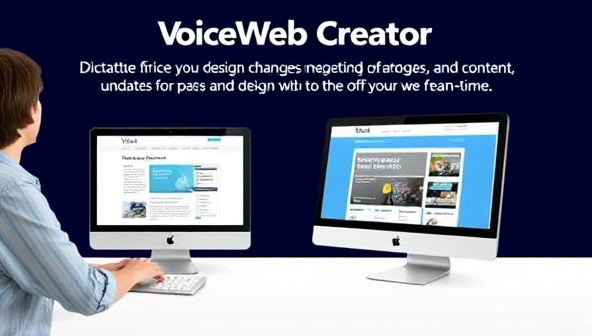 An interactive demo of VoiceWeb Creator in action, featuring a user dictating design changes and content updates to a computer, with the website design evolving in real-time, highlighting the hands-free and intuitive nature of the voice-activated tool.