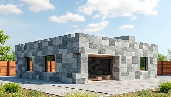 An image featuring a modern structure built entirely with recycled plastic blocks, highlighting the versatility and durability of the material, alongside a sustainable and eco-friendly construction approach.