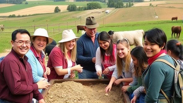 A group of diverse visitors smiling and engaging in various hands-on activities on a picturesque farm, surrounded by rolling fields and grazing animals, capturing the essence of a fun and educational agri-tourism experience.