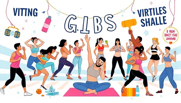 An energetic digital illustration featuring a virtual fitness challenge scene with participants engaging in high-intensity workouts, yoga poses, and wellness activities, surrounded by fitness trackers, water bottles, and motivational quotes, conveying energy and movement in a virtual fitness community.