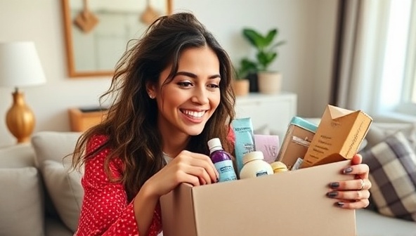 An influencer unboxing a subscription box on camera, sharing genuine excitement and product reviews with followers, illustrating the authentic and engaging nature of subscription box influencer marketing partnerships.