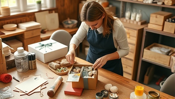 An artisanal gift box creation workshop setting with a craftsperson assembling a personalized gift box filled with premium products and embellishments, showcasing the artistry and care put into each custom creation.