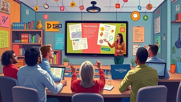 An artistic depiction of a virtual workshop session with participants engaging in a lively discussion, surrounded by digital storytelling tools and colorful visuals, illustrating a dynamic and interactive learning environment.