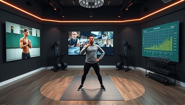 A sleek and modern virtual fitness studio setup with a coach leading an energetic online workout session, surrounded by virtual screens displaying workout videos and client progress charts, creating an immersive and interactive fitness experience.