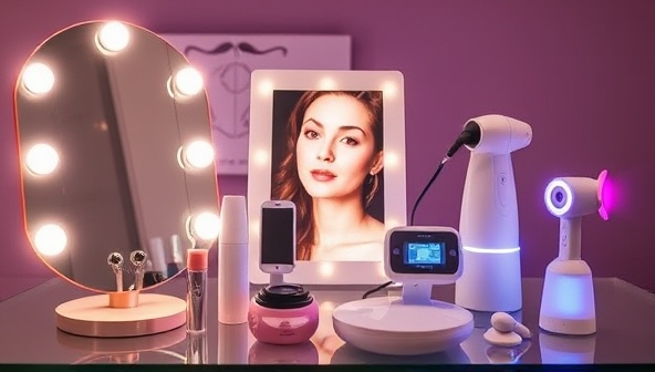 A display of high-end beauty tech gadgets available for rental, including illuminated beauty mirrors, advanced skincare analysis tools, and innovative hairstyling devices, conveying the concept of GlowTech Rent's premium beauty tech rental service.