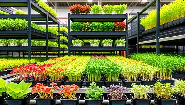 An artistically arranged display of vibrant, colorful microgreens in small pots against a backdrop of modern vertical farming racks, showcasing a blend of technology and nature.