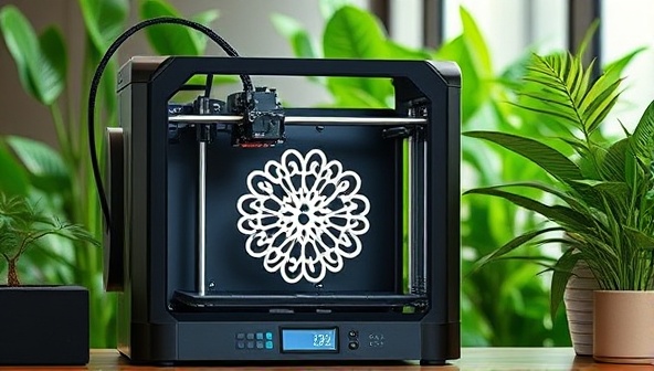 An artistic rendering of a 3D printer creating a personalized, intricate home decor item with lush greenery in the background, symbolizing sustainability and customization.