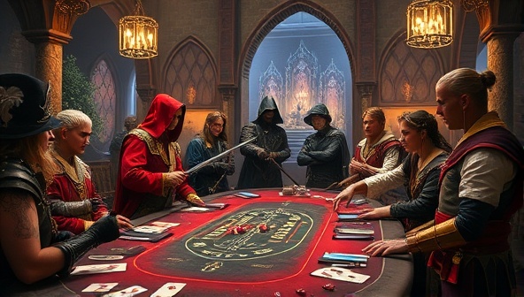 An enchanting image of players dressed in elaborate fantasy costumes, wielding prop weapons, and engaging in role-playing interactions within a medieval-themed setting adorned with gaming tables, dice, and cards, capturing the magical and immersive essence of Fantasy Gambit Realm's LARP casino experience.