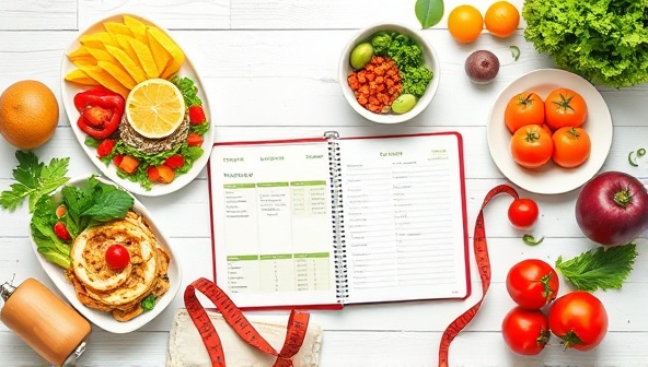 An artistic flat lay image featuring colorful and freshly prepared meals arranged neatly on a table, accompanied by a notebook with meal plans, a measuring tape, and a variety of fresh ingredients, conveying a sense of organization and healthy eating.